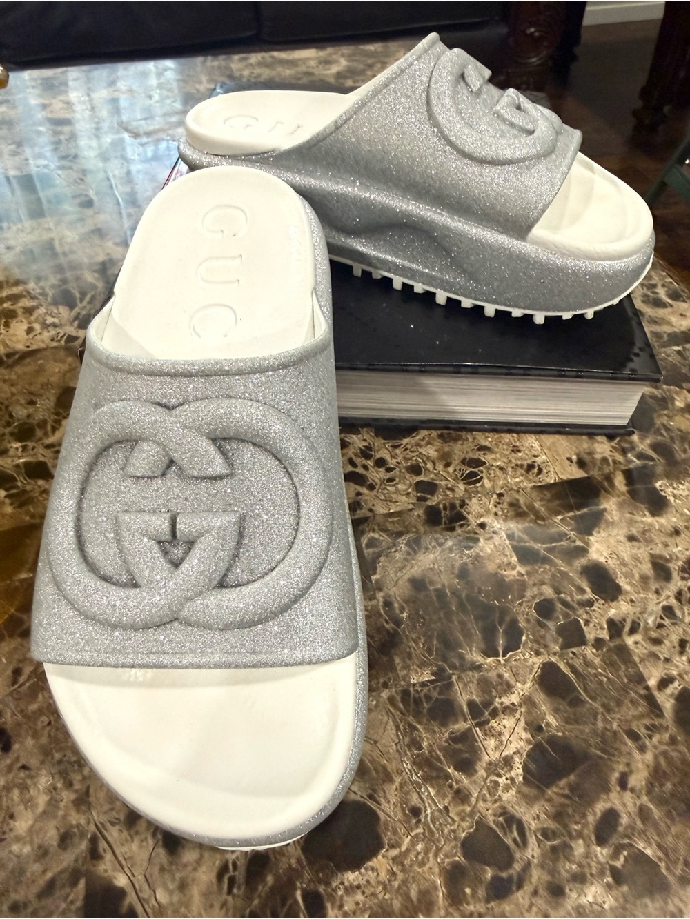 Gucci Silver Glitter GG Platform Slides Sandals EU 36 - Sparkling - Authentic